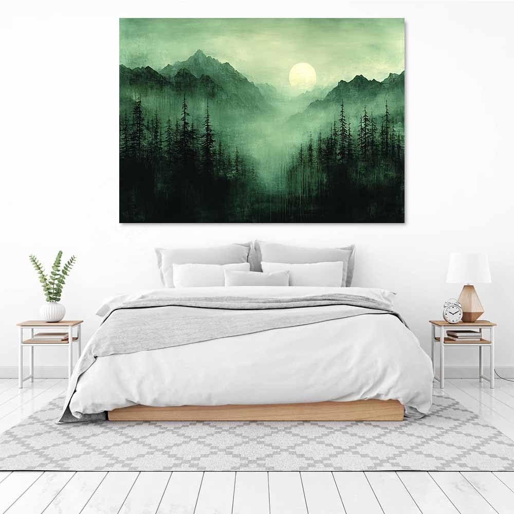 TERUEA Póster lienzo impreso con Árbol de la vida abstractas, Bosque Neblinoso Valle Lago Cuadros para Salon Foto con Lienzo Canvas Laminas Cuadro Dormitorio（Verde Oscuro-80x120cm1 Enmarcado