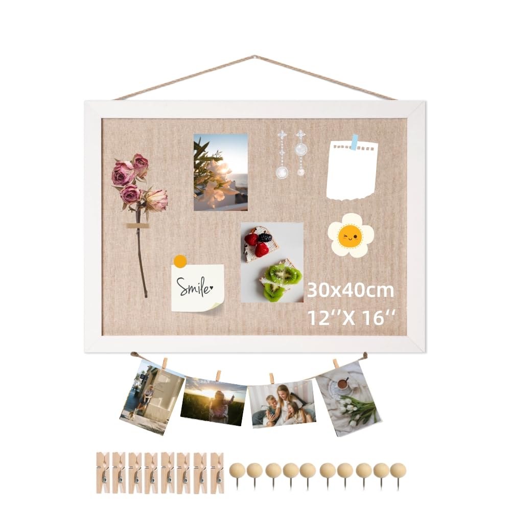 Euvdora Cork Board 30 X 40cm Pin Board Cork Board for Walls with Linen Hanging Rings Vision Board 1-Pack Bulletin Board for Home Kitchen Office Decorative 10 Pushpins