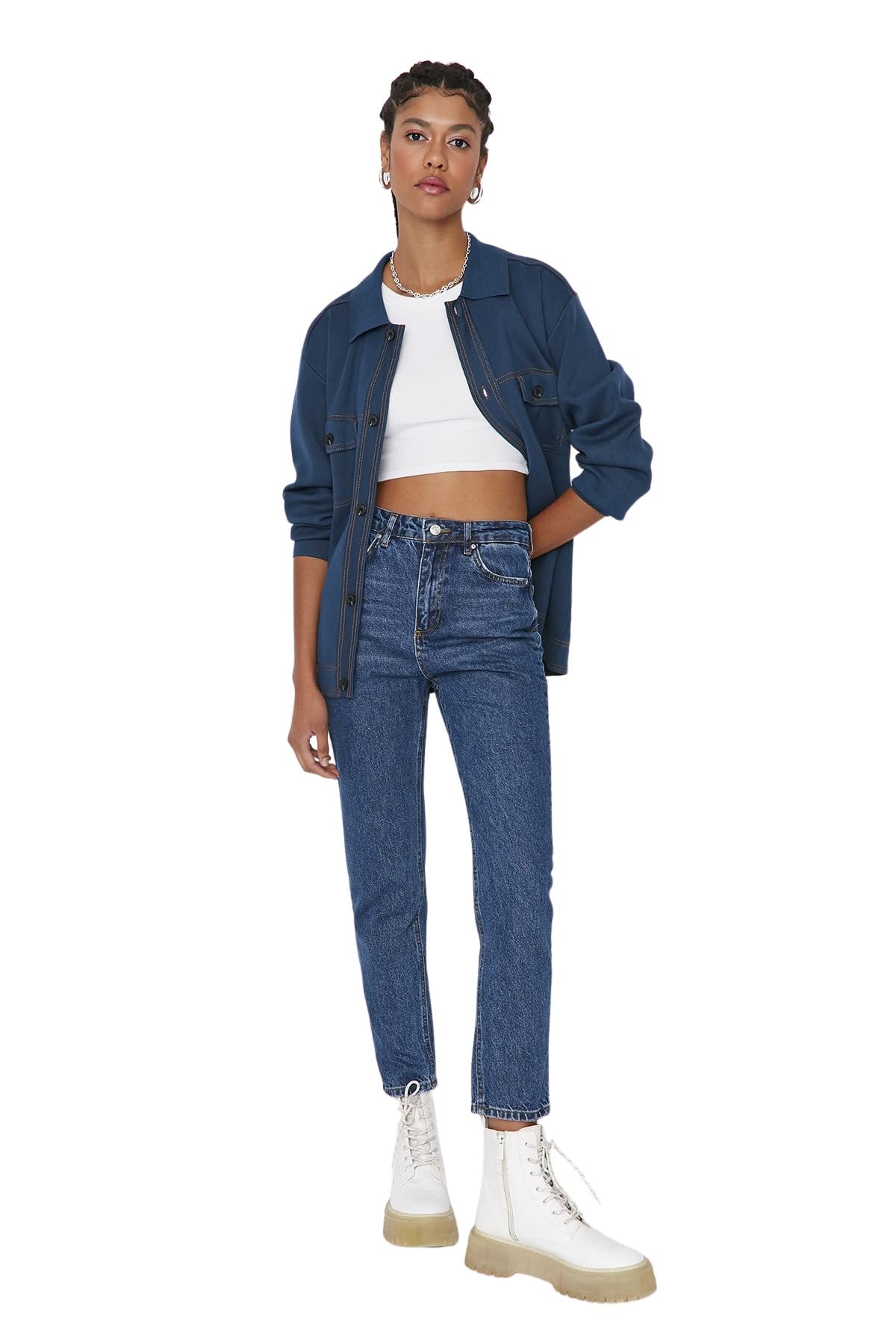 TRENDYOL Damen Trendyol Herren Hoher Bund Mom Jeans, Blau, 40 EU