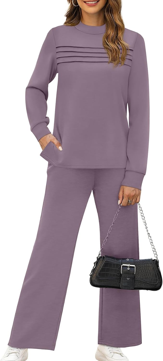  Two Piece Sets for Women Fall Travel Vacation Outfits 2026 Long Sleeve Lounge Sets Side Slit Wide Leg Pants XS-3XL thumbnail