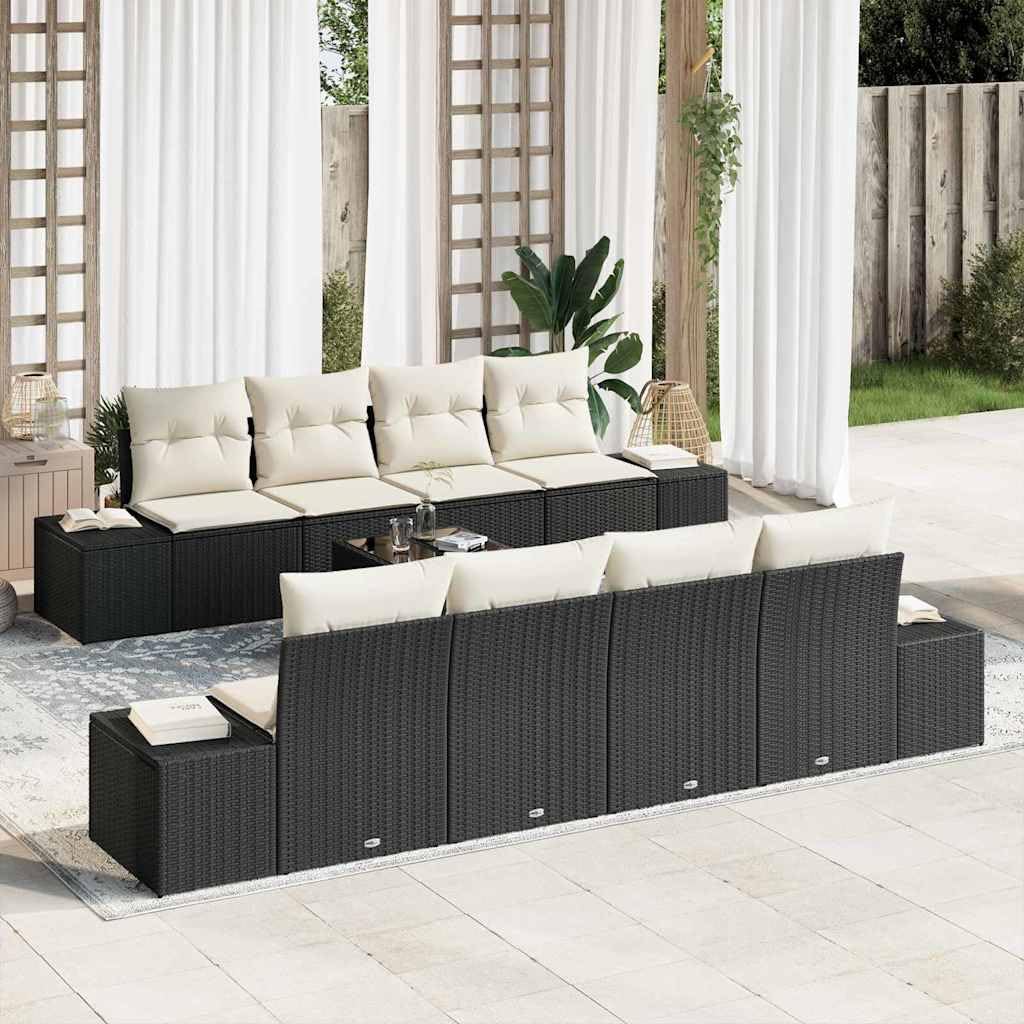 Set Divano da Giardino 7 Pezzi in Polyrattan Nero e Crema | Salotto modulare da esterno per terrazzo e patio con cuscini sfoderabili e tavolino coordinato