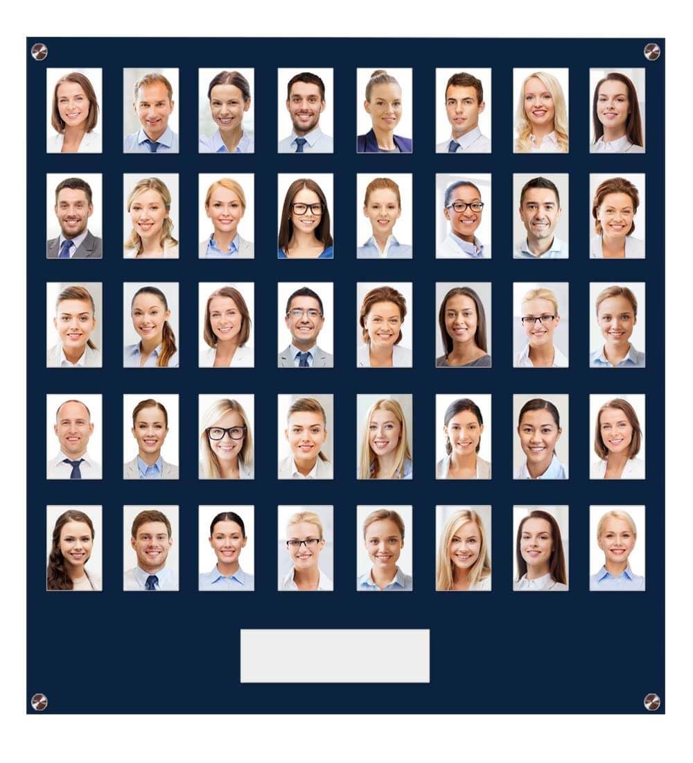 Get Acrylic Photo Frames - Dark Blue 40 Pocket Image Staff, Student, Employee Display Board With Pocket Header. 605mm Height x 616mm Width (60.5cm x 61.6cm)