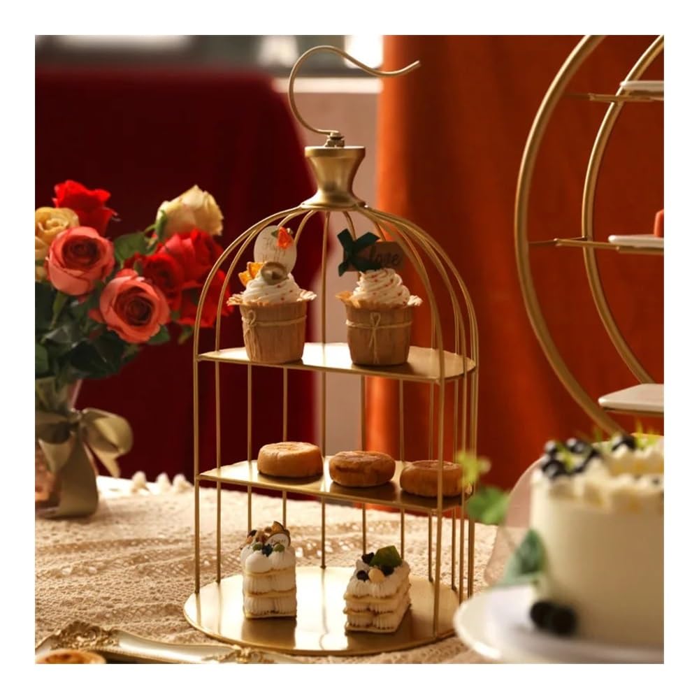 Présentoir à Gâteau Support à gâteaux luxueux doré, support à desserts de mariage, thé de l'après-midi, cage à oiseaux, présentoir en métal, plateau à gâteaux multifonctionnel Stand de Gâteaux