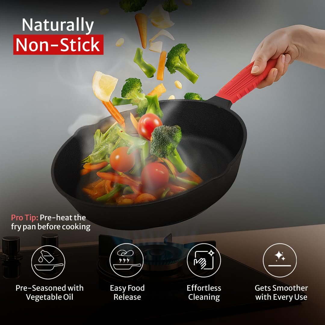 Pigeon by Stovekraft - Sartén de hierro fundido, 20 cm, naturalmente antiadherente, pre-sazonada con 100 % aceite vegetal, sin toxinas, crujiente perfecto, mango elegante, devuelve el sabor nostálgico