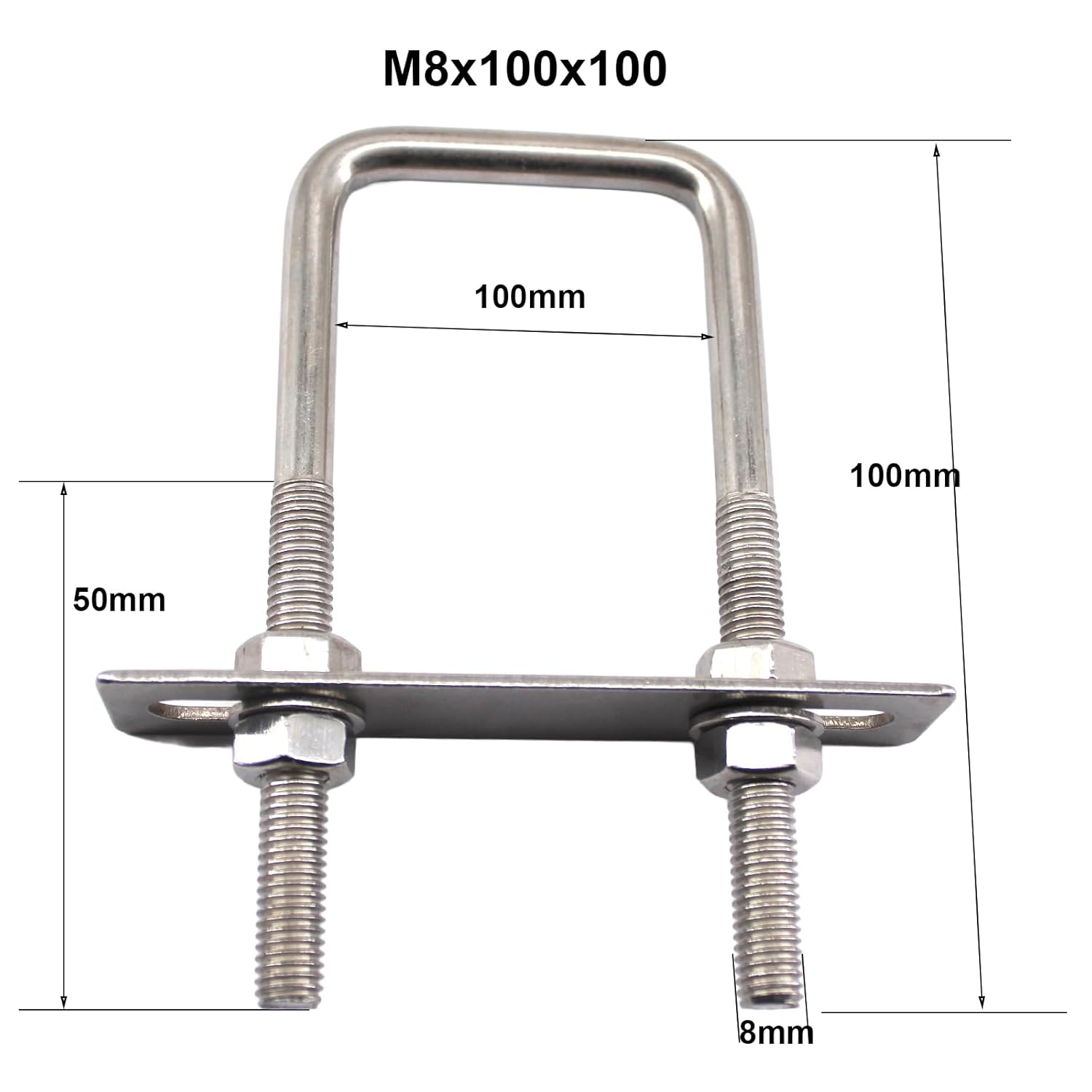Square U Bolts 304 Stainless Steel U-Bolts 3.9 inch Wide 3.9 inch Length (M8x100x100mm) U Clamps Bolt with Frame Plate, Washers and Nuts (4 Pack)