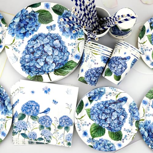 Fournitures de fête hortensia avec assiettes et nappes pour 20 invités