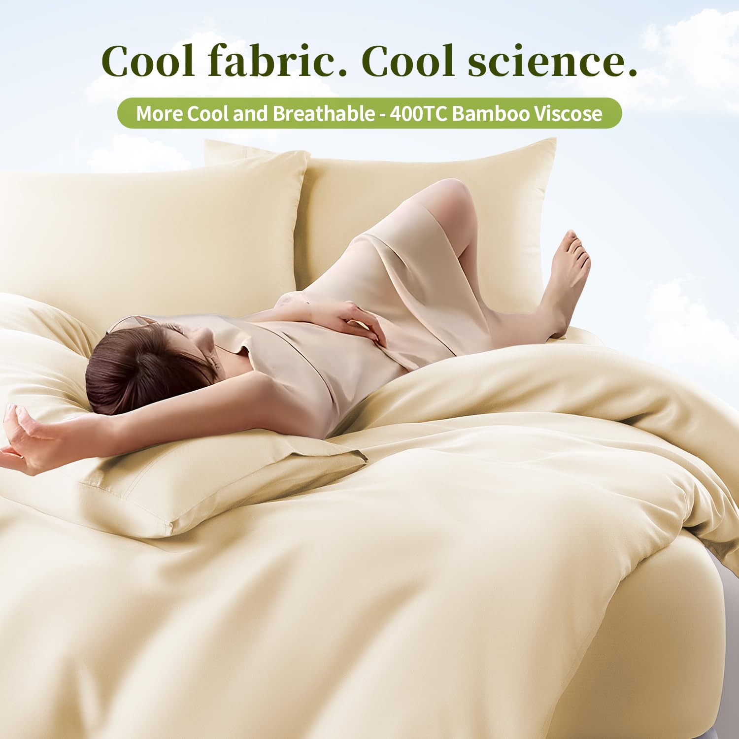 Shilucheng 100% Viscose Derived from Bamboo_ Sheets King Size 4pcs - Ultra Cooling & Silky Soft Bed Sheets, 16" Deep Pocket, Perfect for Hot Sleepers, Hotel Bedding Sheets (French Blue): 04 - Beige Full