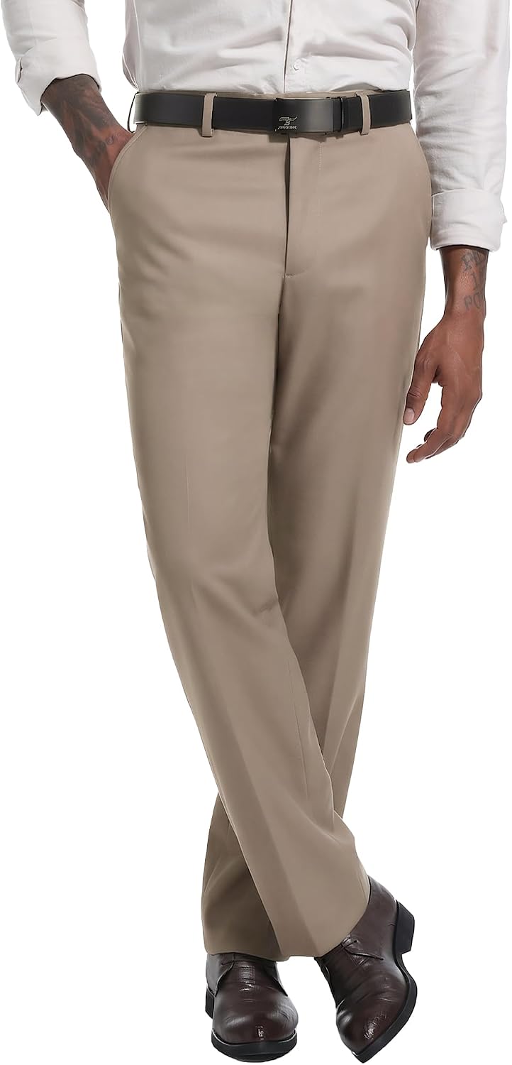 Mens Dress Pants Classic Fit Flat Front Hidden Expandable Waist No Iron Wrinkle Free Business Casual Formal Work to Weekend