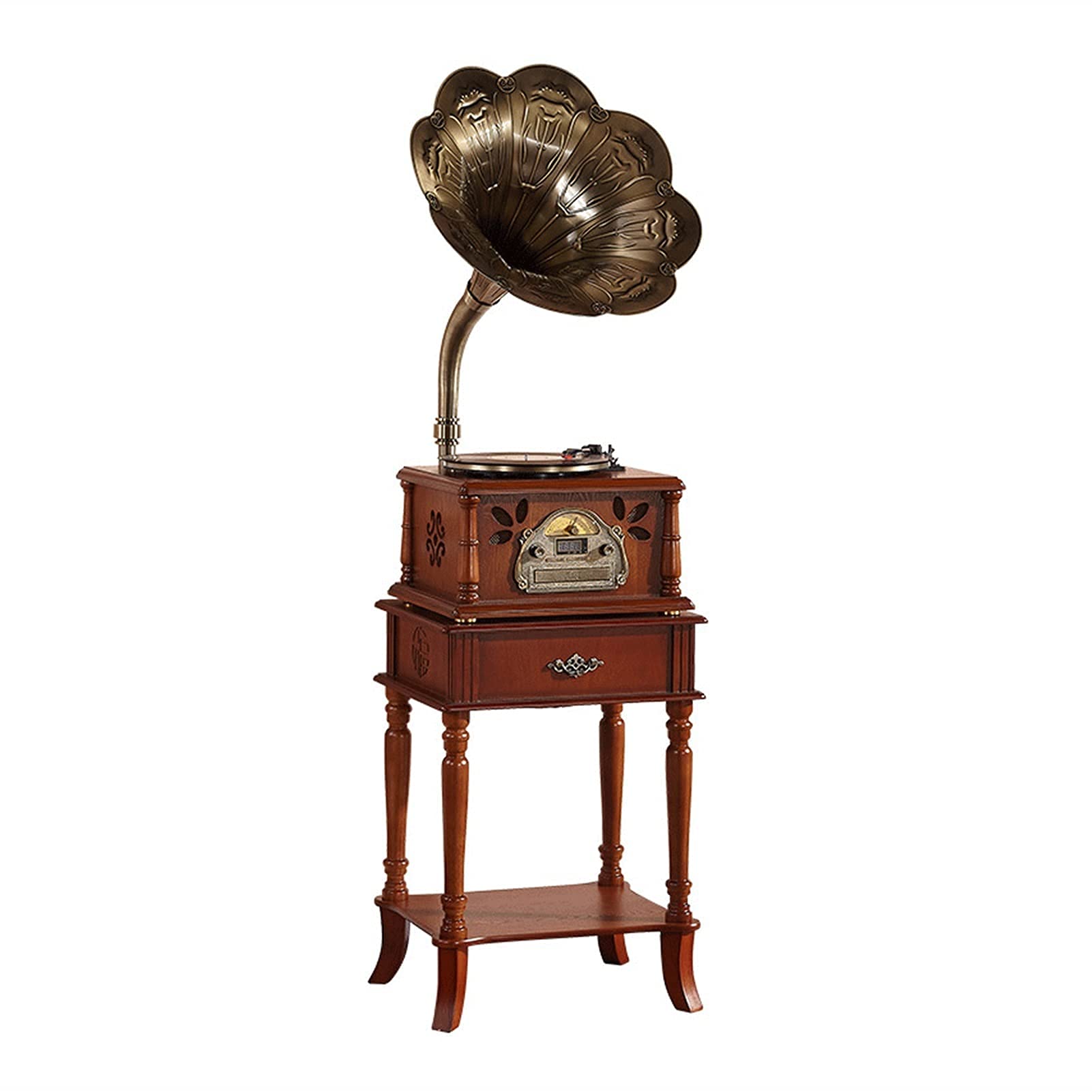 Giocatore record Turtable retrò tutto in un grammofono nostalgico di fonografo vintage con corno di rame, controllo del sistema degli altoparlanti integrato 33/45/78, vinile, CD, Bluetooth, radio,