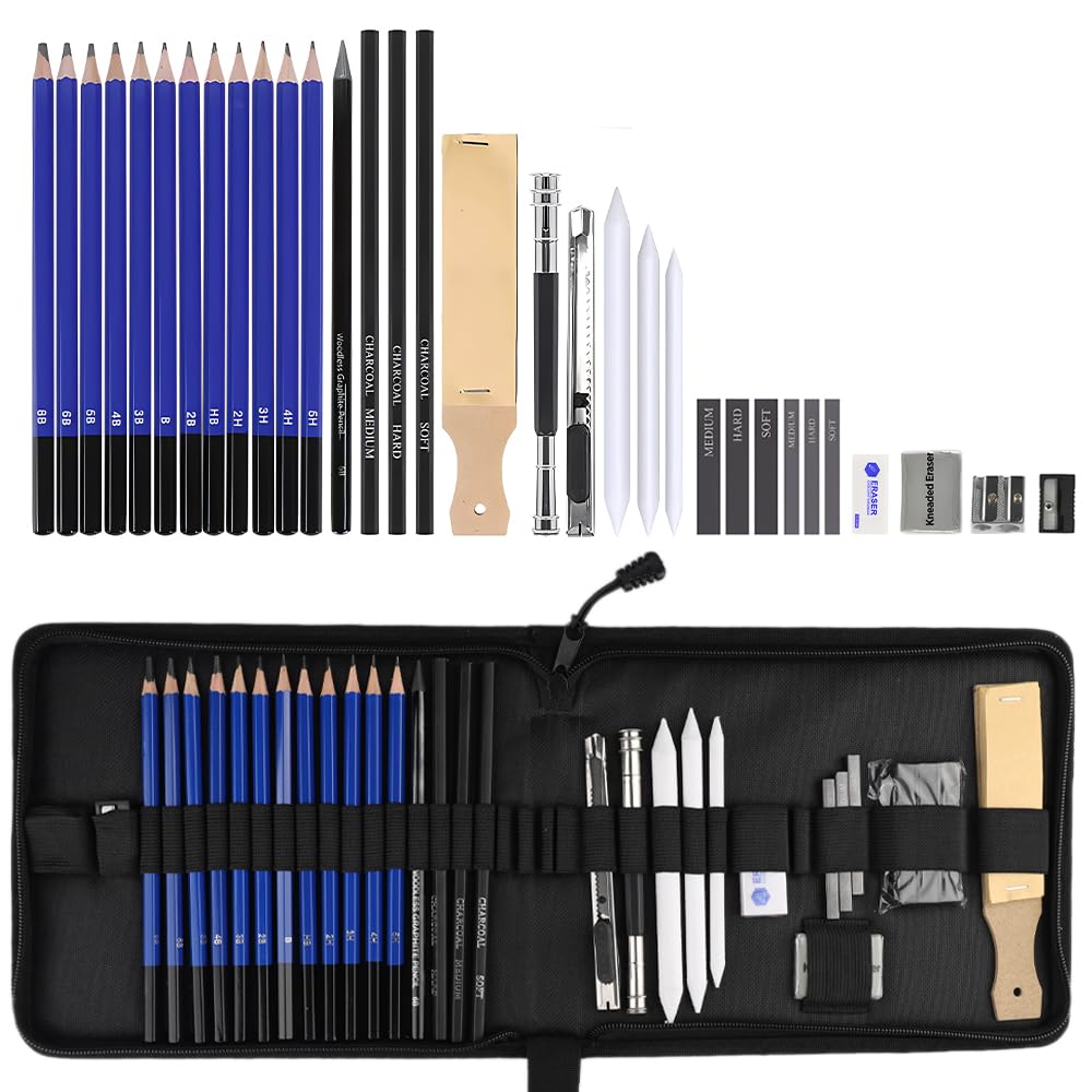 Atliberswo Kit de dibujo y bocetos de 33 piezas con lápices de dibujo, lápices de grafito, lápices de carbón, práctica bolsa con cremallera para artistas, principiantes, adultos y niños.