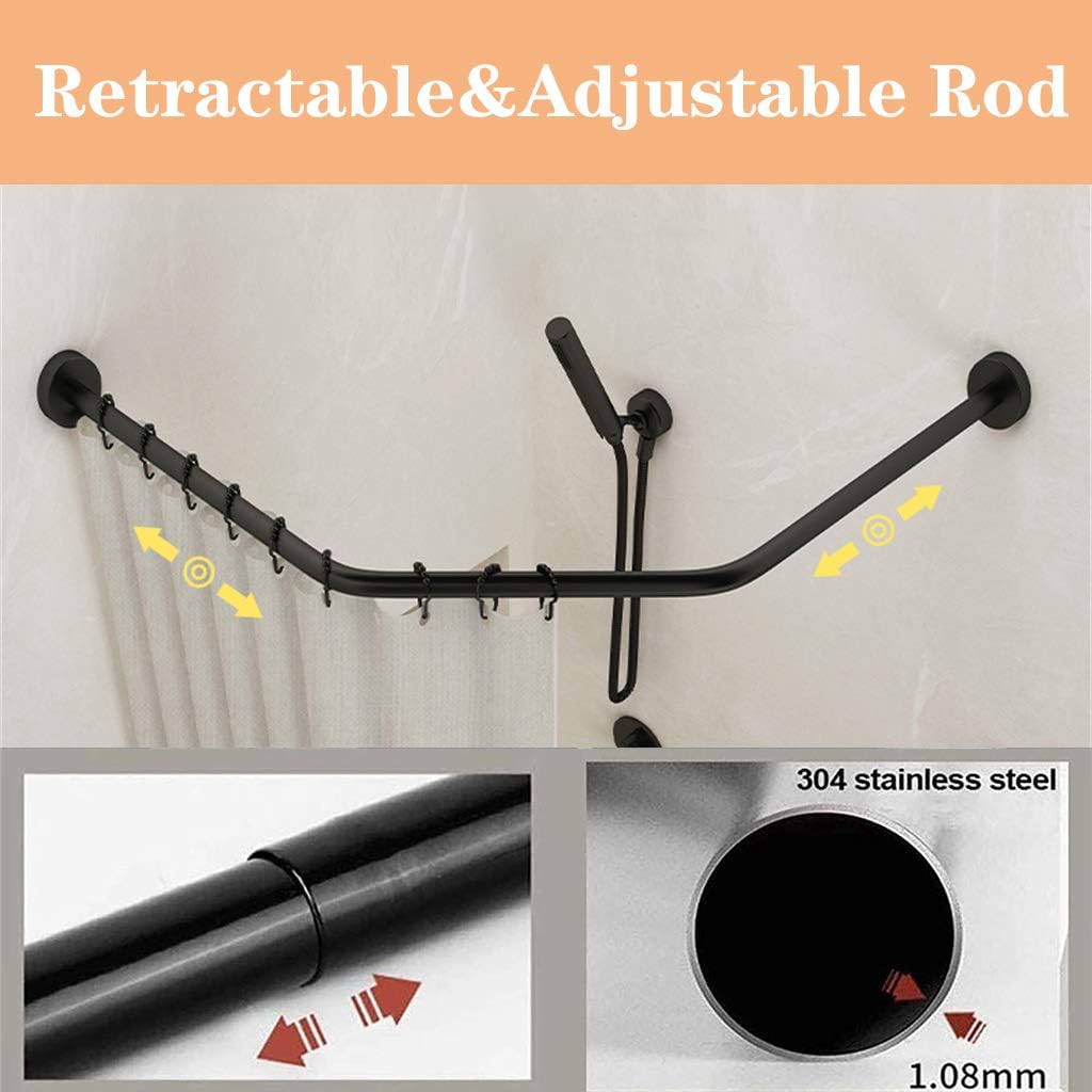 Shower Curtain Rod, L-shaped Shower Curtain Rod，Shower Rod Adjustable Diamond Shaped Shower Curtain Rod Pole, Wall Mounted Corner Shower Curtain Rod, Stainless Steel, For Bathroom Clothing Store Black