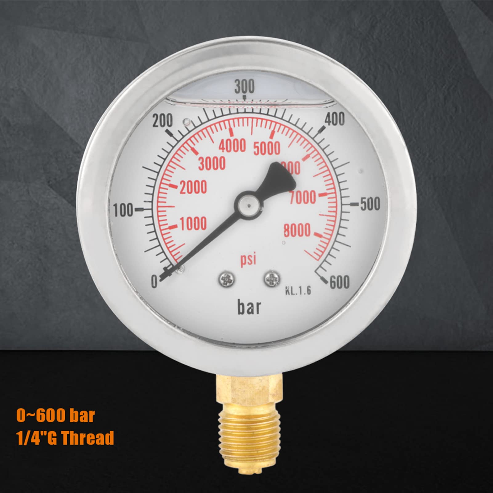 Manometro per pressione dell'acqua, manometro per prova di pressione dell'acqua con filettatura G1/4", manometro a liquido da 0-8500 PSI, manometro idraulico con montaggio inferiore, quadrante da 63