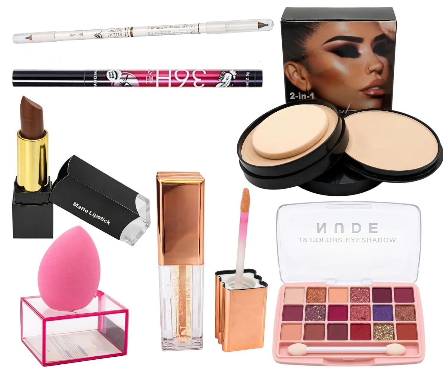 Professional 7-Piece Full Glam Makeup Kit – 18-Color High-Pigment Nude & Berry Eyeshadow Palette, 2-in-1 Dual-Layer Matte Compact Powder, 36H Waterproof Eyeliner, Luxury Lip Gloss, Matte Lipstick, Definer Pencil & Beauty Blender with Case-image-40
