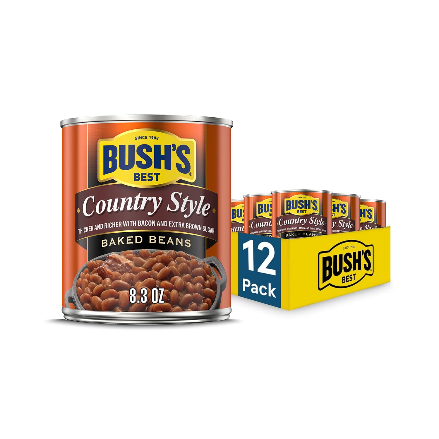 Bush's Best Baked Beans, Country Style with Bacon and Brown Sugar, 8.3 OZ (Pack of 12)