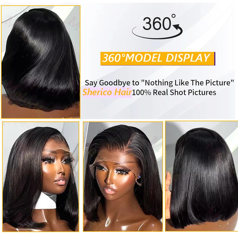 10 Inch Straight Bob Wig Human Hair 13x4 HD Lace Front Pre Plucked 180% Density Glueless HD Transparent Lace Wig for Black Women Natural Black Short Bob Wigs with Baby Hair