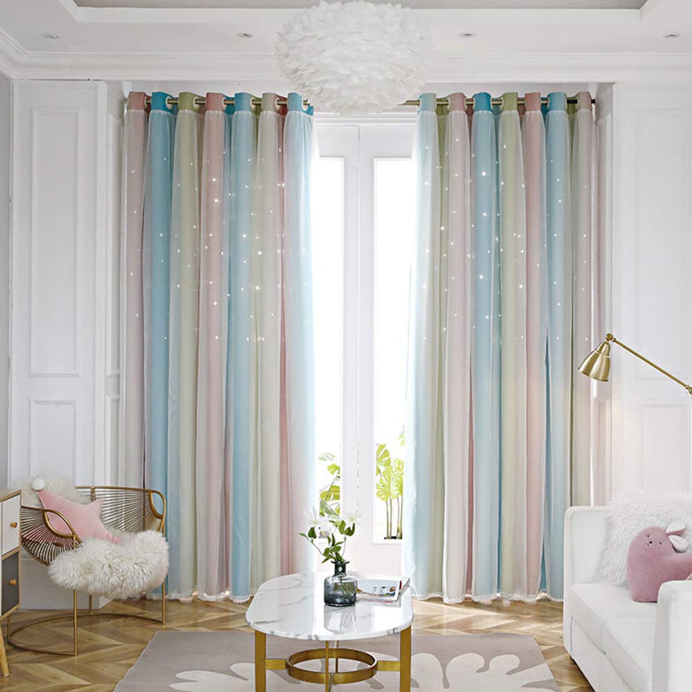 Rayas Tul Cortina,2 Capa Estrella Hueco Romántico Cortinas Paneles Tratamiento,Apagón Cortina De Ventana para Las Niñas Balcón Salón A 300x270cm(118x106inch)