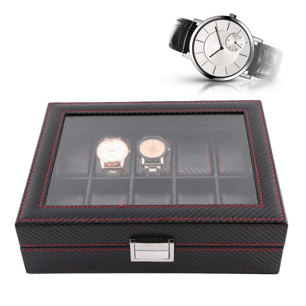 Organizador de Almacenamiento de Exhibición de Caja de Reloj con 10 Ranuras de Fibra de Carbono para Tocador Negro 11 * 8,7 * 3,4 Pulgadas