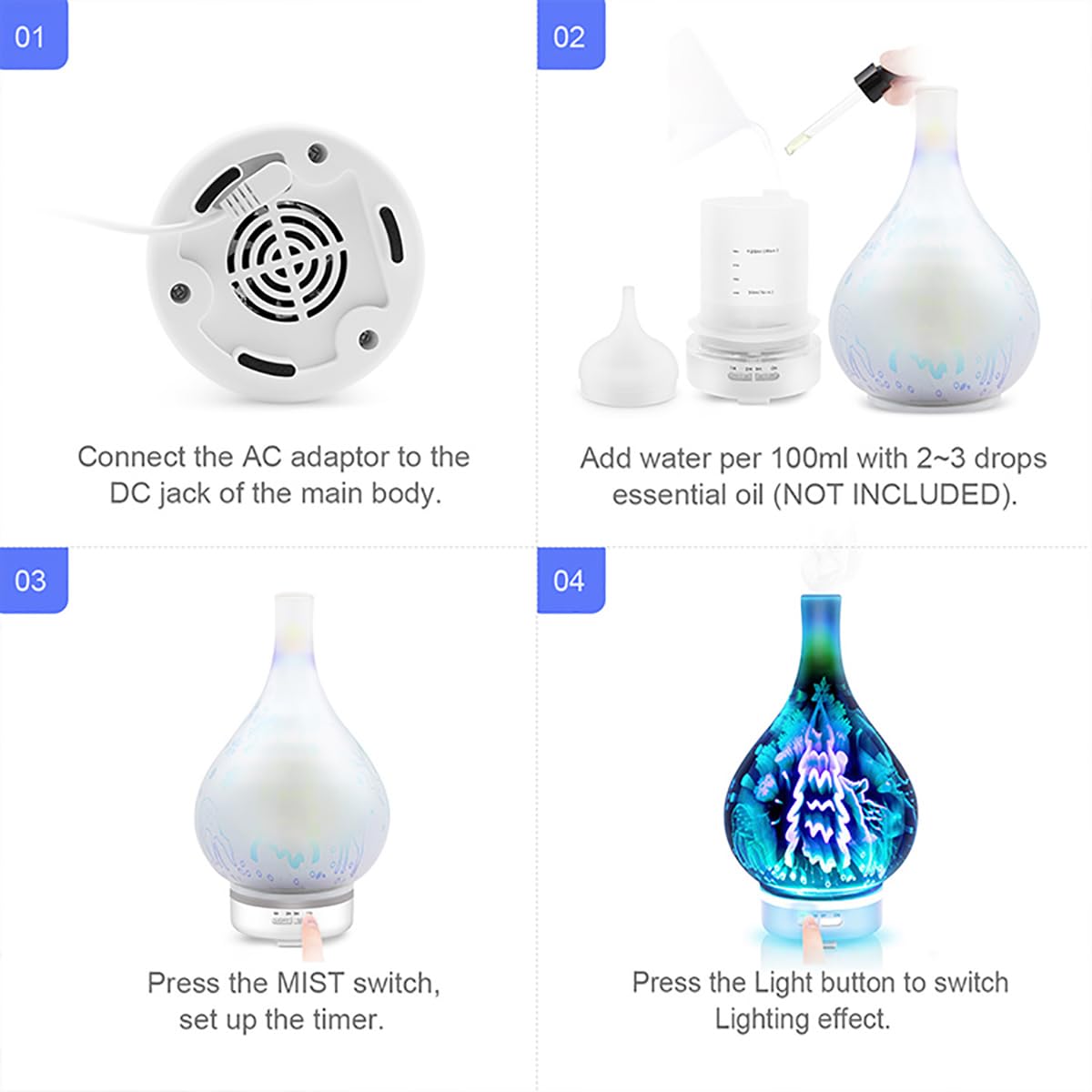 Diffusore di oli essenziali da 120 ml, diffusore di aromaterapia ad ultrasuoni in vetro 3D, diffusore di aromi con nebbia fredda, umidificatore silenzioso, per dormire, yoga, ufficio, lavoro, spa B