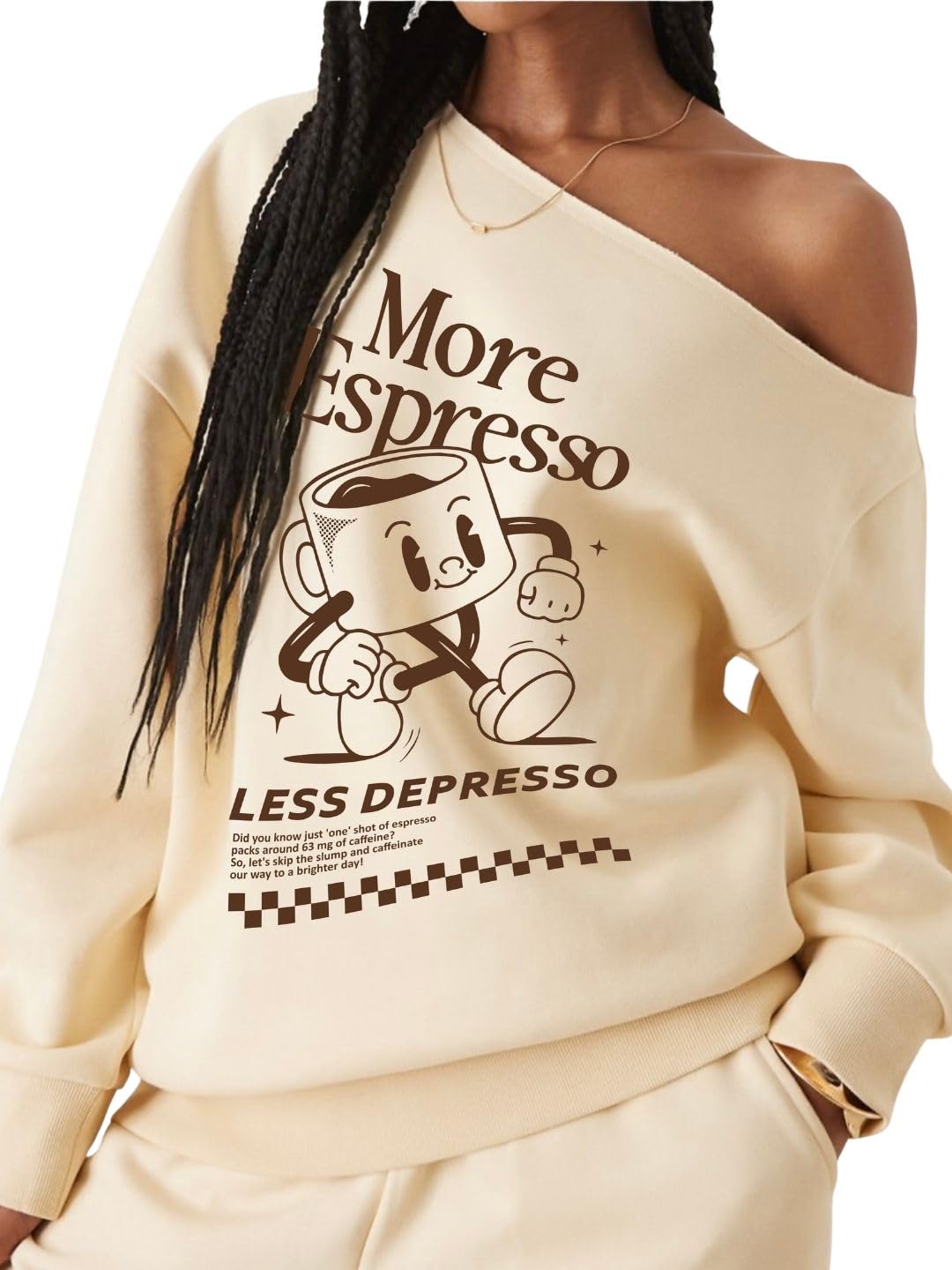 sxv style More Espresso Less Depresso Off-Shoulder Sweatshirt, Coffee Cup Design, Casual Graphic Print-picture-13