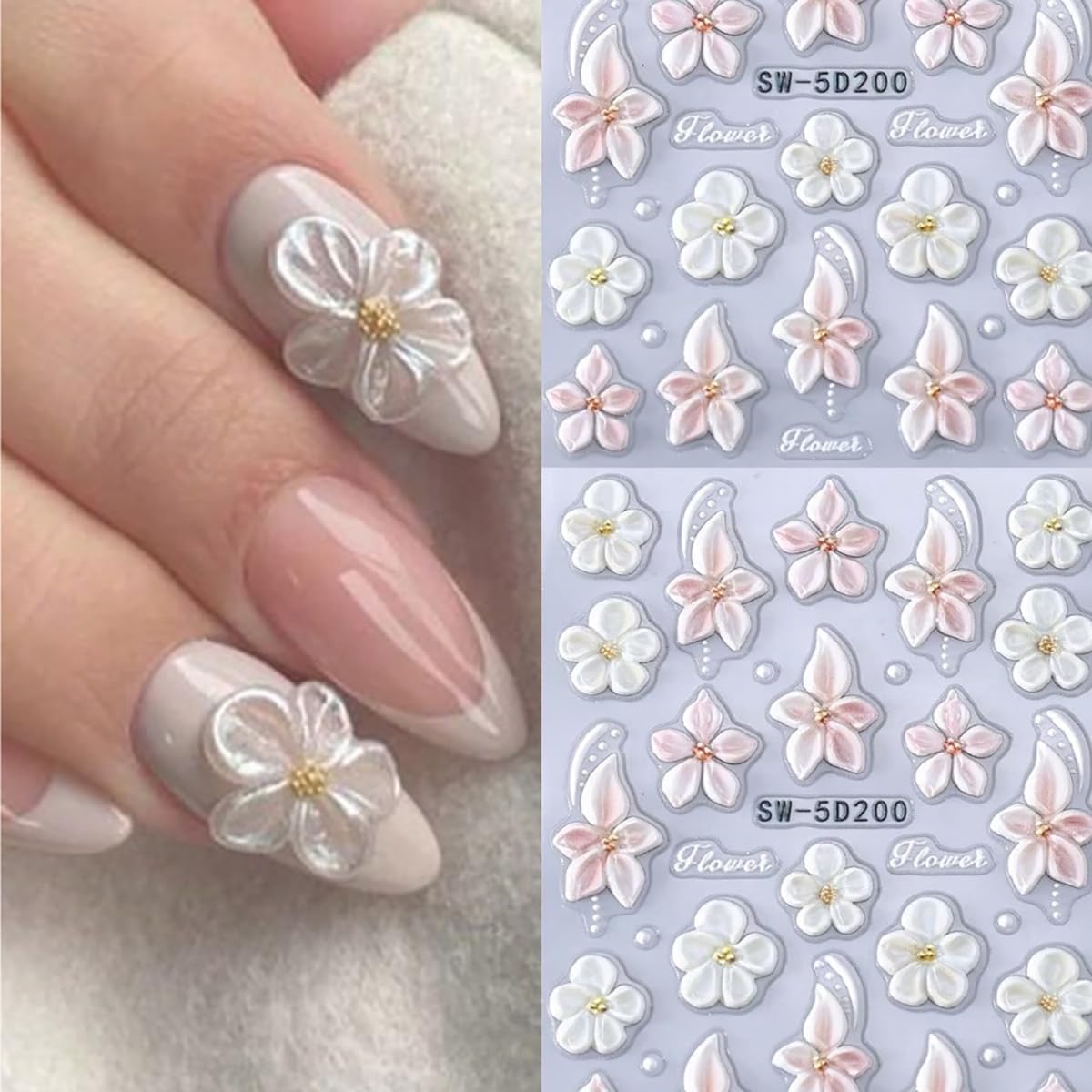 Flower Nail Art Stickers Decals 5D Embossed Pink White Flowers Nail Decals 3PCS 5D Acrylic Engraved Flower Stickers for Nails Summer Floral Design Manicure Sliders for Women DIY Nail Art Decorations