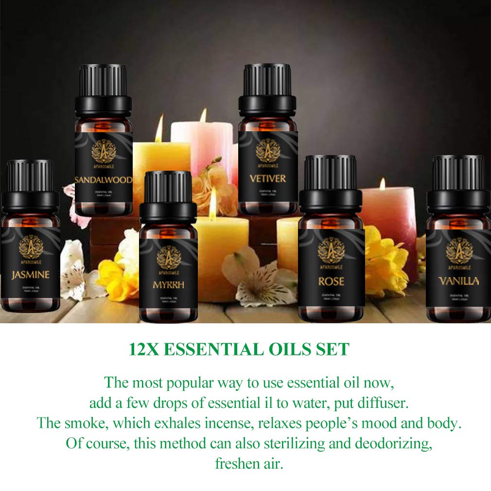 Aromatherapie Vanille ätherisches Öl Set für Diffusor- Rose,Jasmin, Sandelholz, Patchouli Öle..., 100% pure Vetiver ätherische Öle Set, 12x10ml Myrrhe ätherisches Öl Kit für Hause