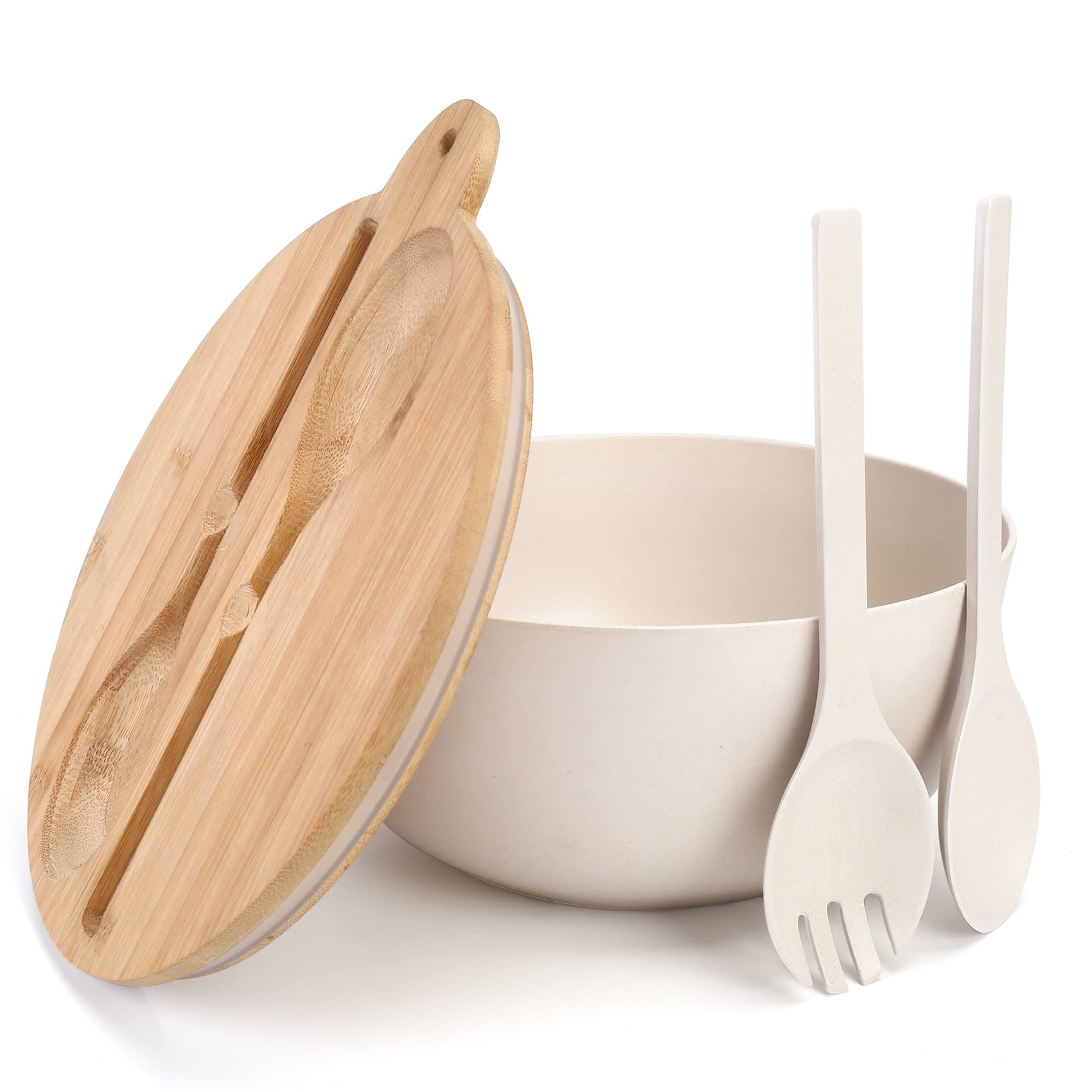 ShineMe Large Salad Bowl with Lid, 9.8inches White Salad Serving Bowl Set with Utensils, Bamboo Wooden Salad Bowl with Multifunctional Lid with Handle and Silicone Seal Ring
