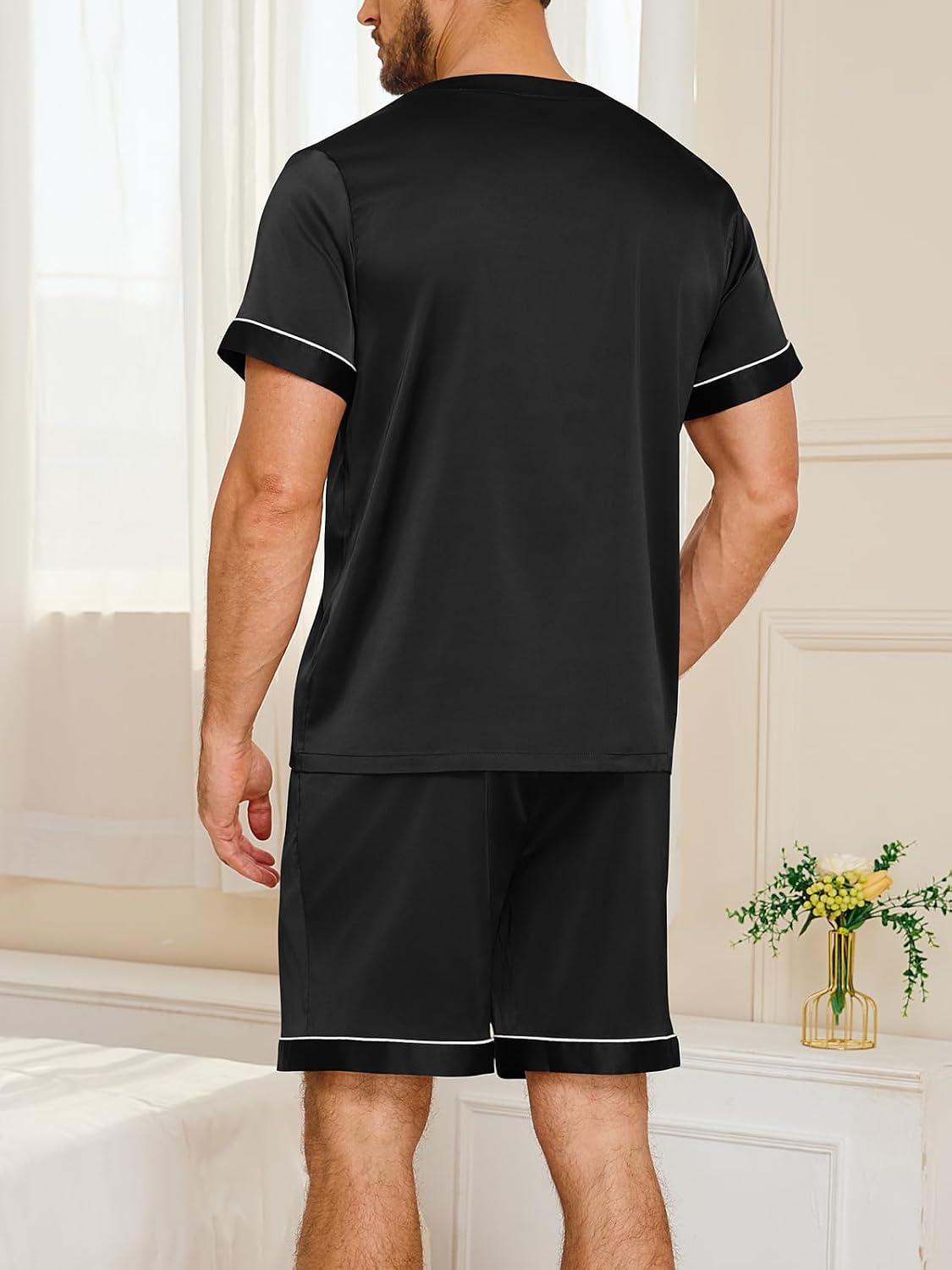 Vssjavun Men's Satin Pajama Set Short Sleeve 2 Piece Button Up Sleepwear
