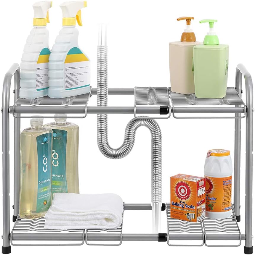 NEX 2-Tier Under Sink Shelf Organizer Storage Rack with Flexible & Expandable 15'' to 27'' for Kitchen Bathroom Cabinets