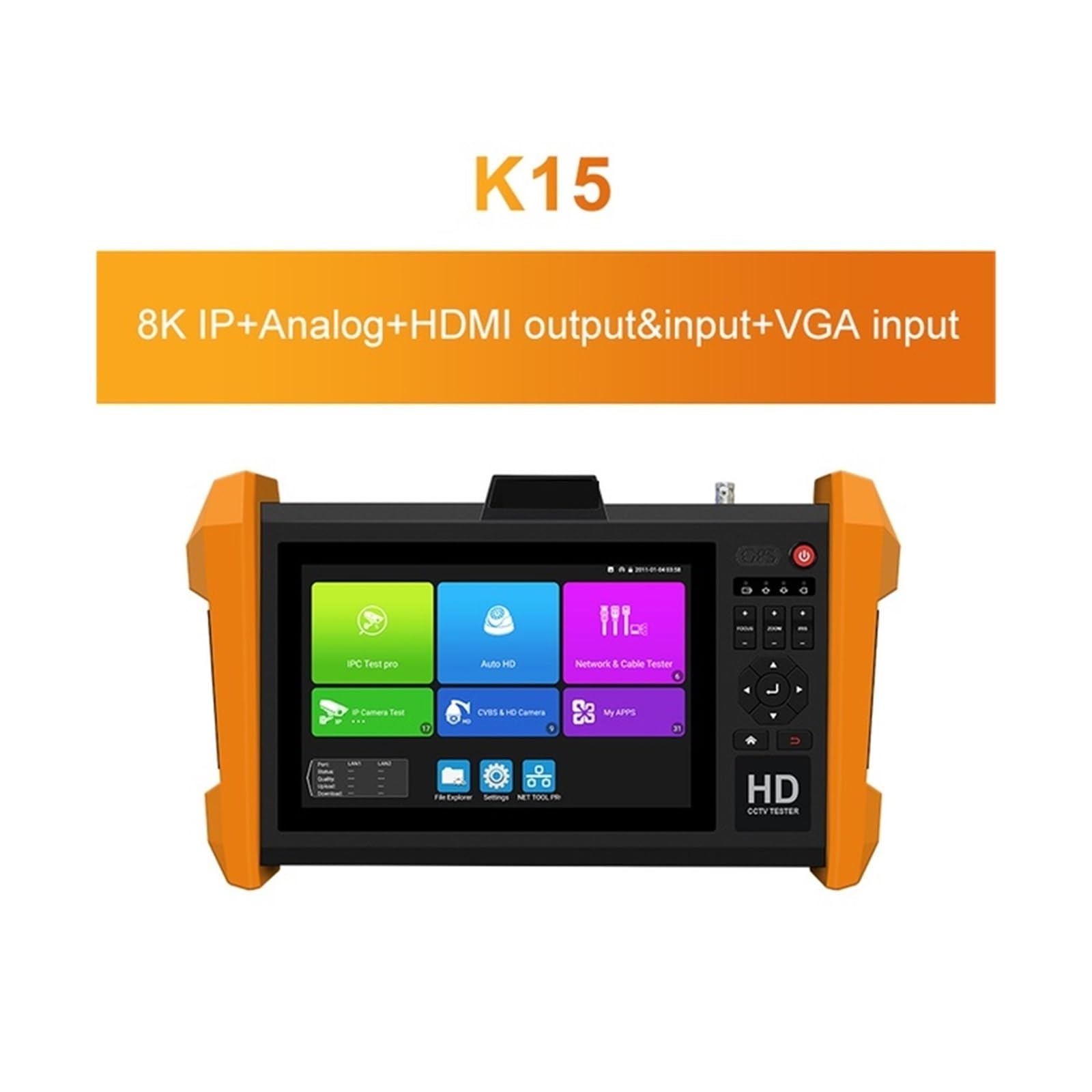 Tester CCTV, 7-calowy 8K tester CCTV H.265 Wielofunkcyjny | Z moduł optyczny SFP AHD CVI TVI SDI Generator pasków kolorów w jednym monitorze testowym do testowania kamer CCTV i IP.