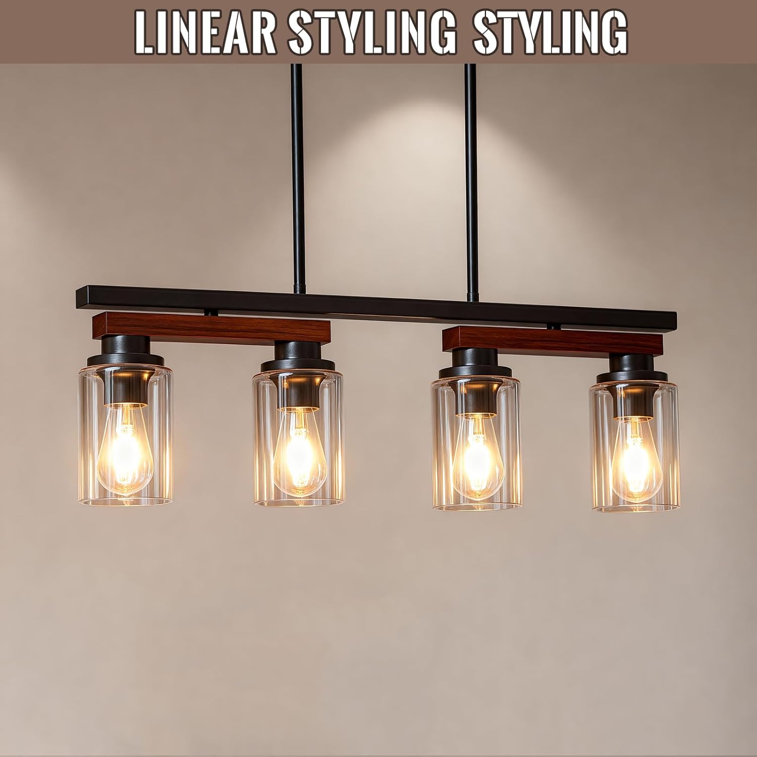 4-Light Kitchen Island Lighting & Farmhouse Dining Room Light Fixtures Over Table, Rustic Wood Linear Chandelier Adjustable Ceiling Hanging Pendant- Rotating Design, Customizable Shapes, Clear Glass