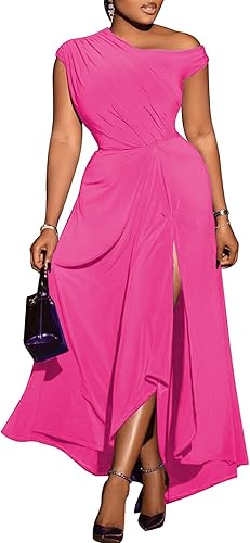 Ecirod Women Elegant Sleeveless One Shoulder Bodycon Maxi Dress High Split Ruche