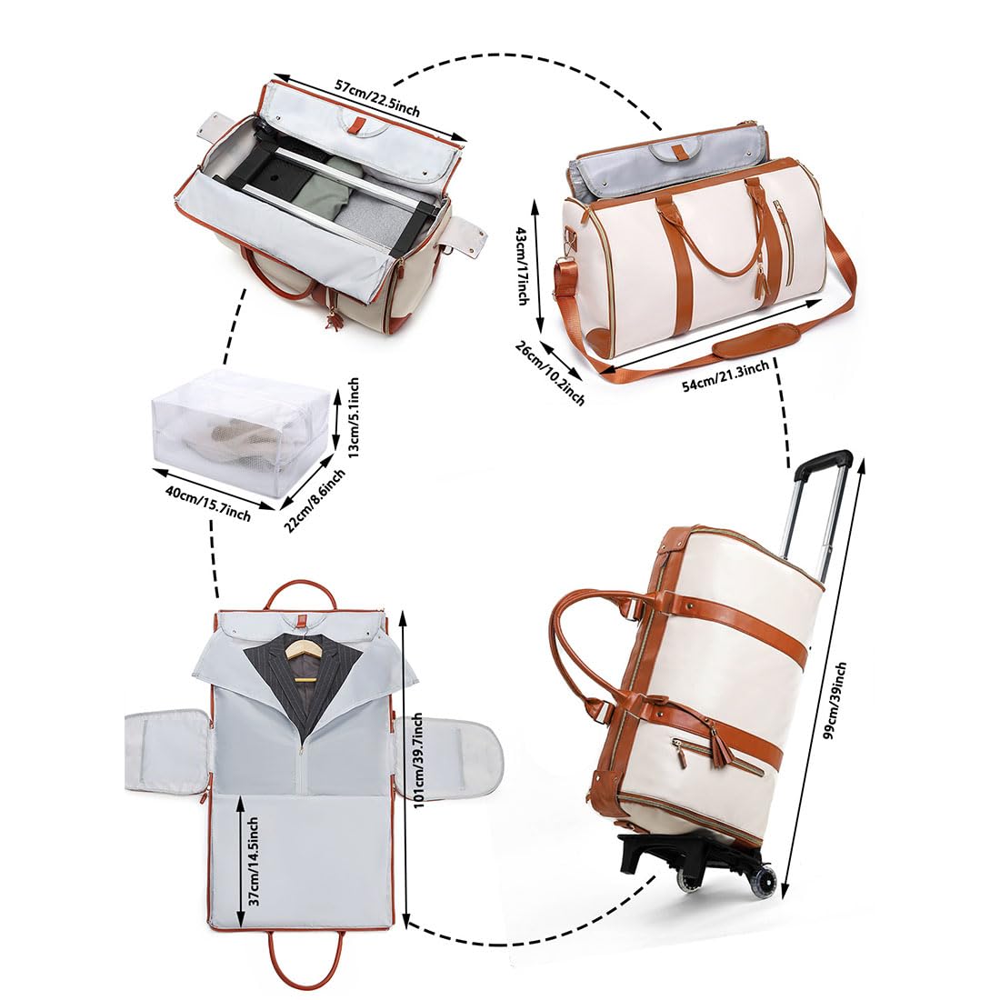 Borsa per indumenti pieghevole, Bagaglio da viaggio con ruote, Borsa a mano per weekend di grande capacità, Valigia con ruote rosa, Design pieghevole compatto, Uomini, Beige Con Ruote, Beige With