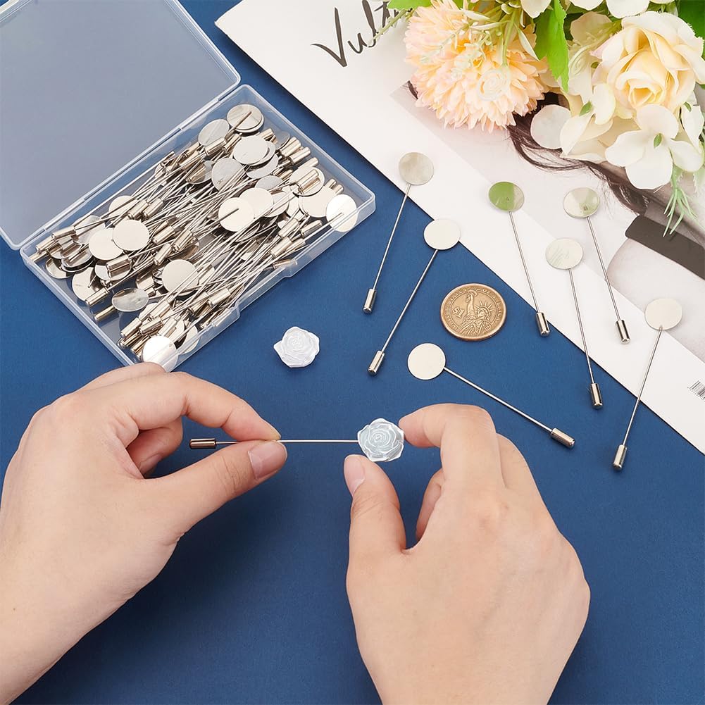 UNICRAFTALE 80Pcs Stainless Steel Brooch Findings 77mm Long Metal Flat Round Tray Lapel Pin Safety Pins Stick Pins Brooch Pin Needle Suit Tie Hat Pin Scarf Badge for Jewelry Making Accessories