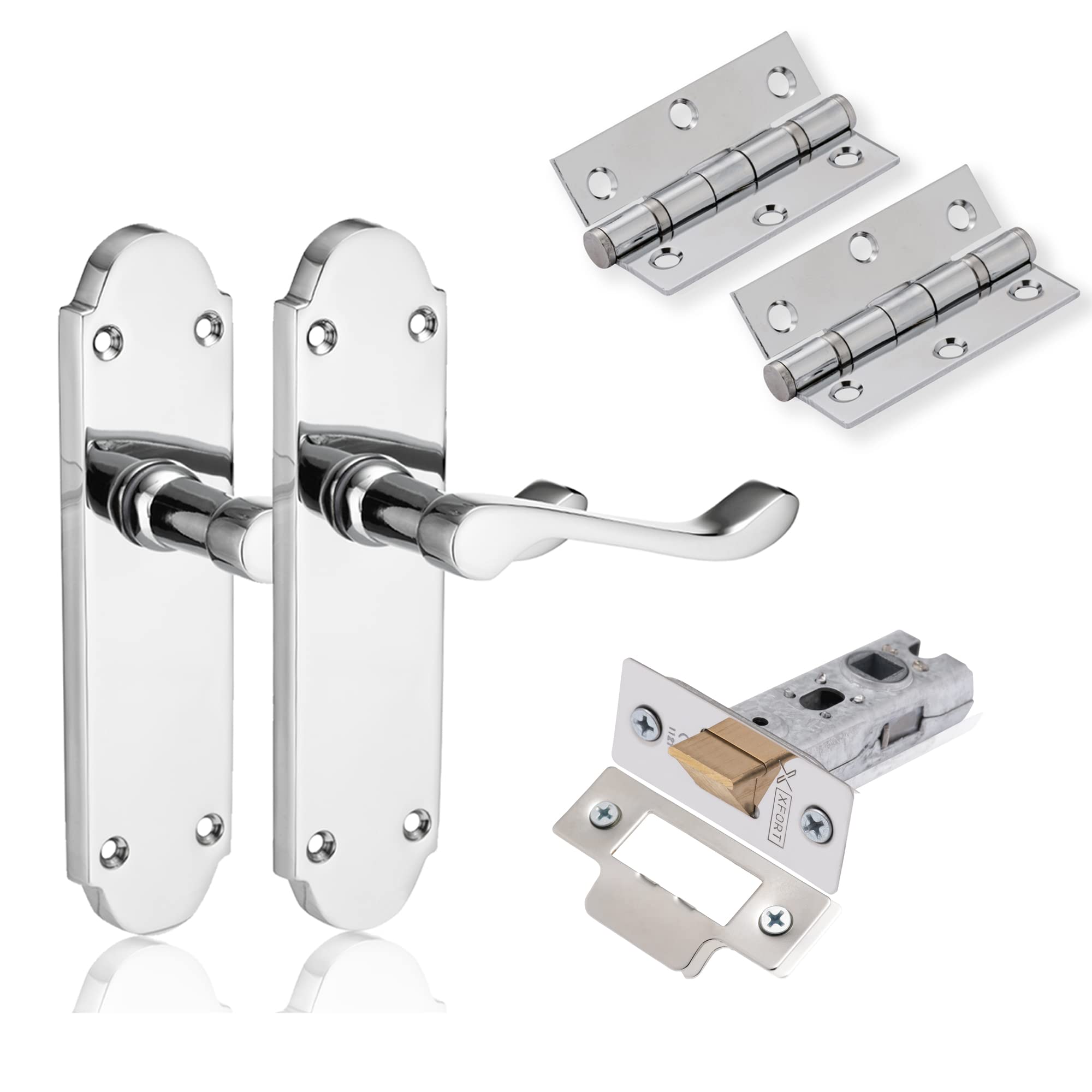 Chrome Elegance Range Polished Chrome Richmond Lever Latch Door Pack, Complete Set with Door Handles, 65mm Tubular Latch and 75mm Ball Bearing Hinges, for Internal Wooden Doors.