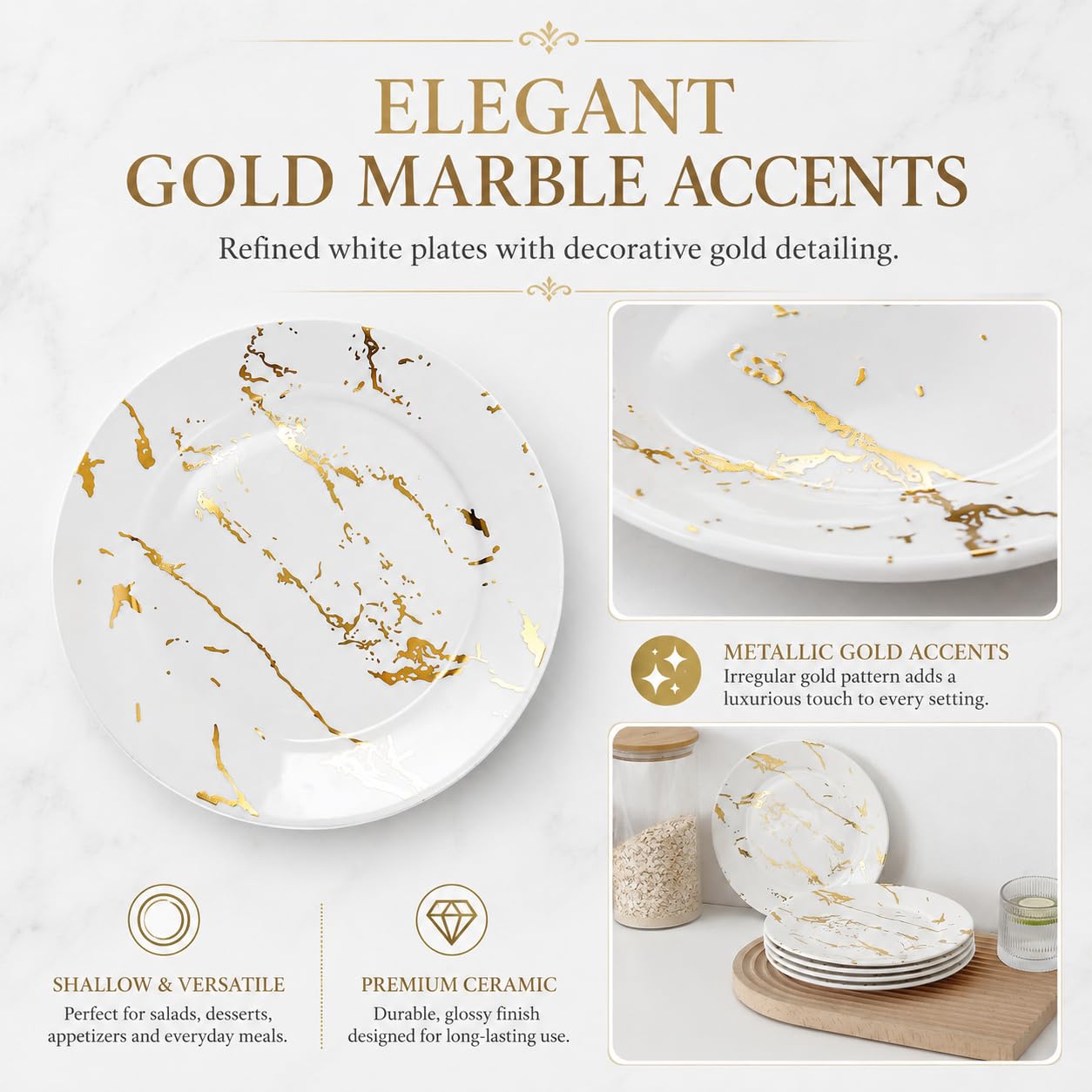 Weiße und goldene Keramikteller, 20,3 cm, 6 Stück, Vorspeisenteller aus Keramik für Abendessen/Salat, elegantes Marmor-Teller-Set für Hochzeit, Party, Essen