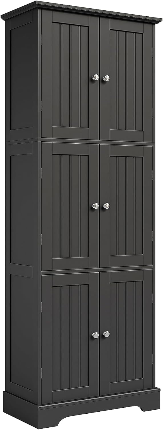ChooChoo Tall Bathroom Storage Cabinet with 6 Doors, Freestanding Floor Cabinet with Adjustable Shelves, Black Pantry Cabinet for Bathroom, Kitchen, Laundry Room