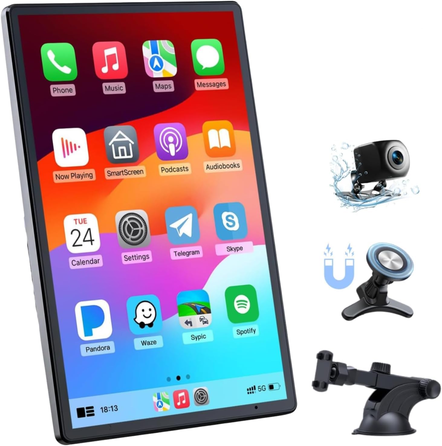 Przenośny wyświetlacz CarPlay 8" obrotowy 360°, bezprzewodowy wyświetlacz CarPlay i Android, nawigacja GPS, odtwarzacz MP5, uniwersalna deska rozdzielcza, wszystkie samochody