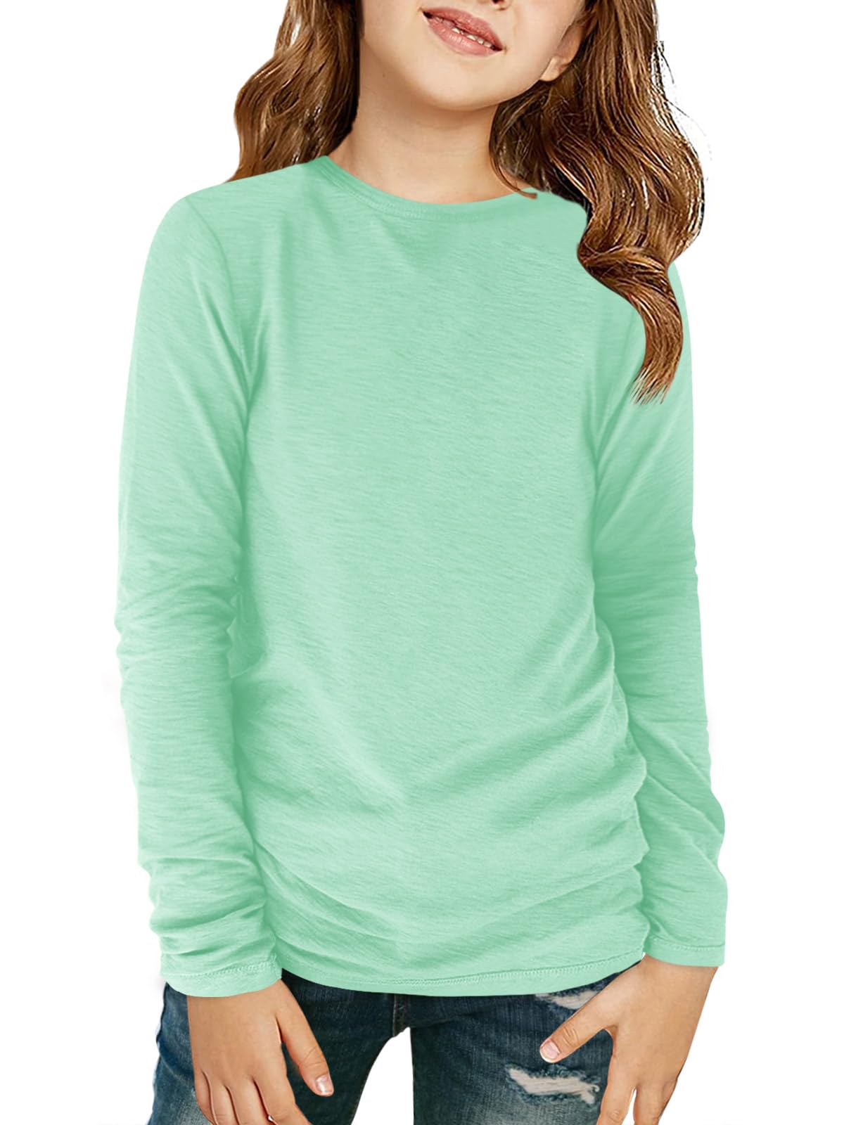 Haloumoning Girls Long Sleeve Crewneck T-Shirts Fall Tops 5-14Y | Solid Color Tees,Fashion Clothes