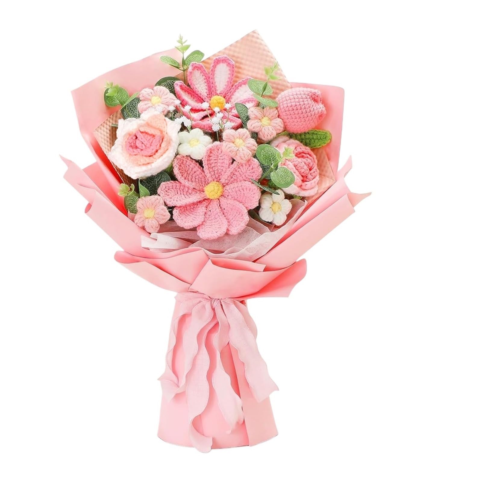 FCfpxwtz Artificial Crochet Flower, Pink Crochet Flower Bouquet Handmade Tulip for Birthday Graduation Anniversary Home Decor
