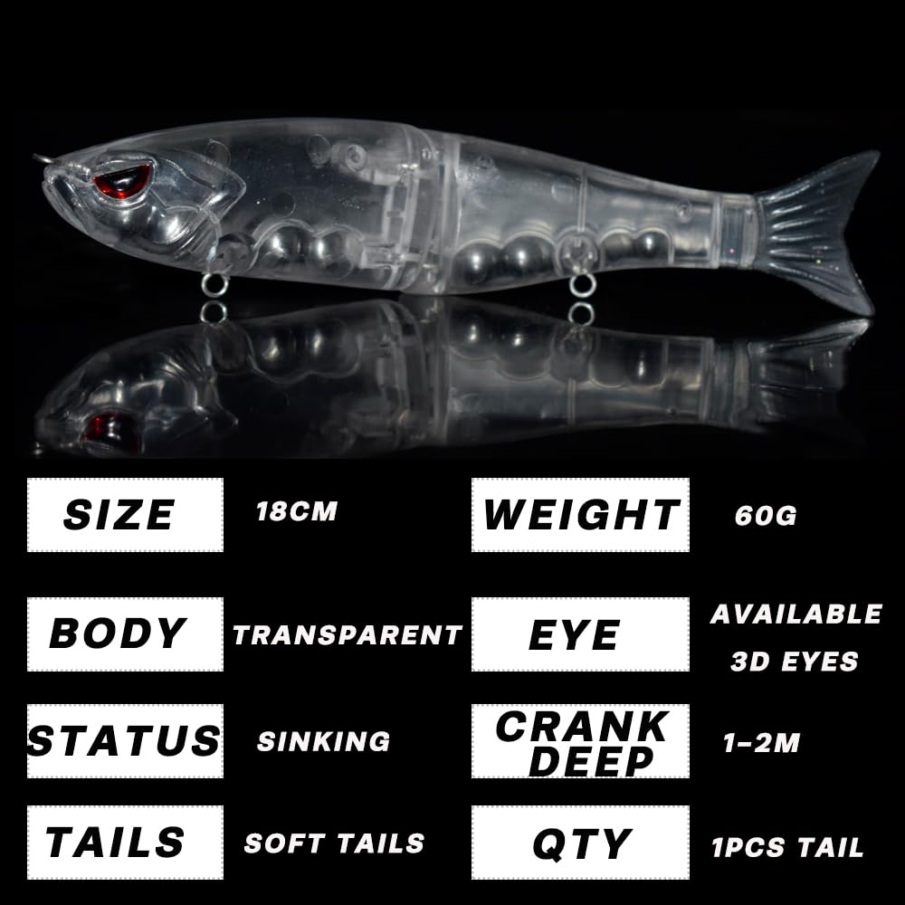 HUFFA Lot de 5 leurres de pêche artificiels Non Peints Glide Shad Bait 18 cm 60 g avec Queue Souple et Yeux 3D