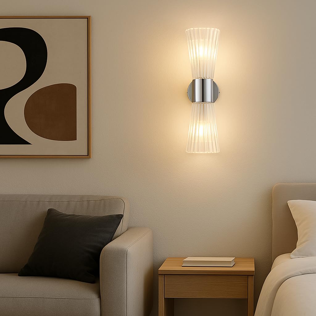 Aplique de Pared de Cristal 2 Luces E14 Doble Extremo Vidrio Acanalado Diseño Reloj de Arena Lámpara de Pared Moderna Acabado Plateado para Dormitorio Salón Pasillo Escalera Hotel (Plateado)