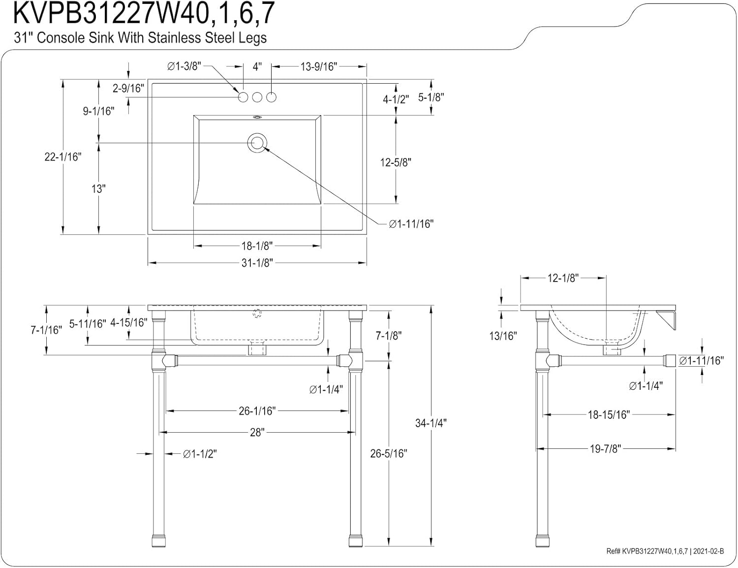 Kingston Brass KVPB31227W47 Dreyfuss 31" Console Sink with Stainless Steel Legs (4-Inch, 3 Hole), White/Brushed Brass