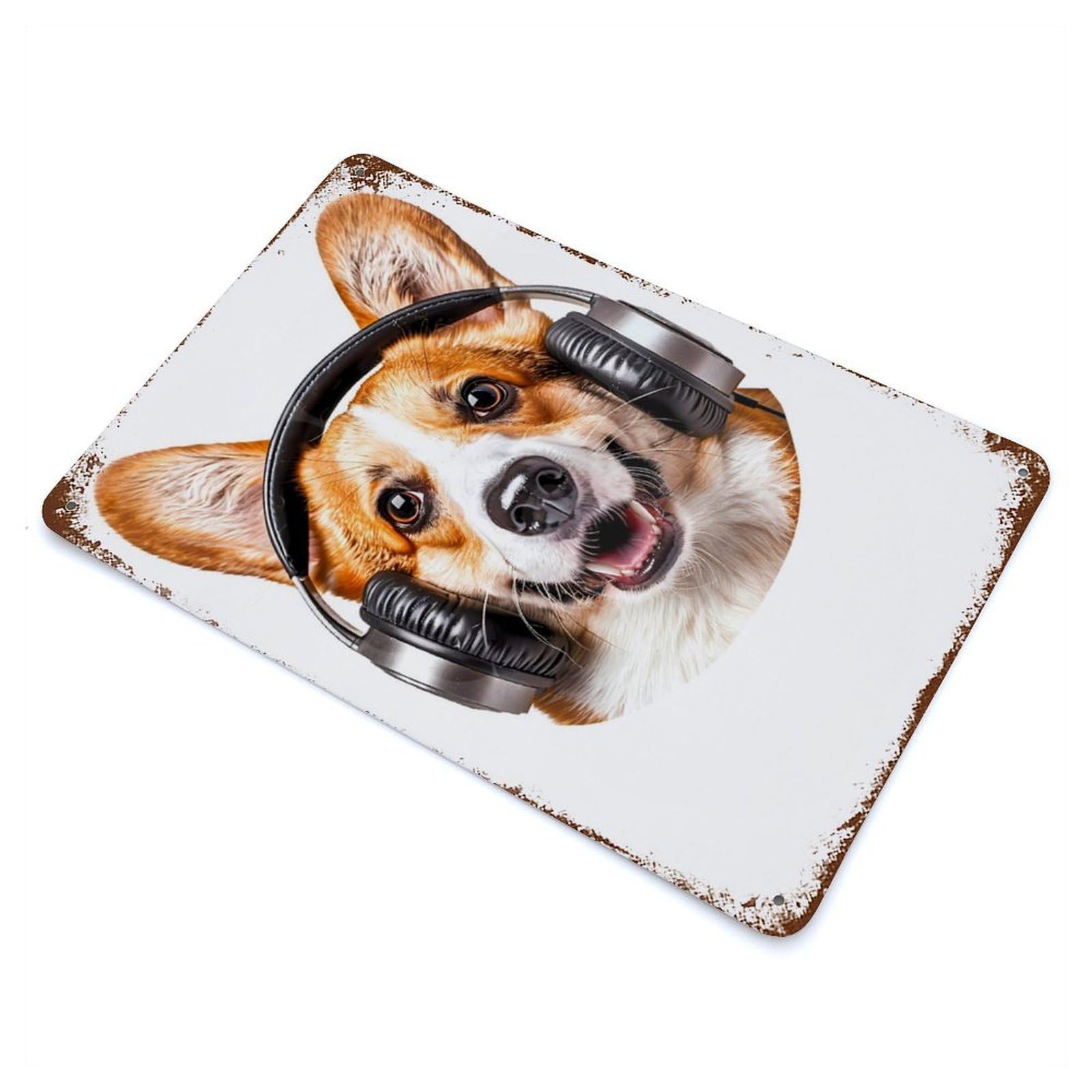 Garage Style Welsh Corgi Headphones Rust Effect Tin Sign 11.8"x7.9", Industrial Home Decor for Bar And Workshop
