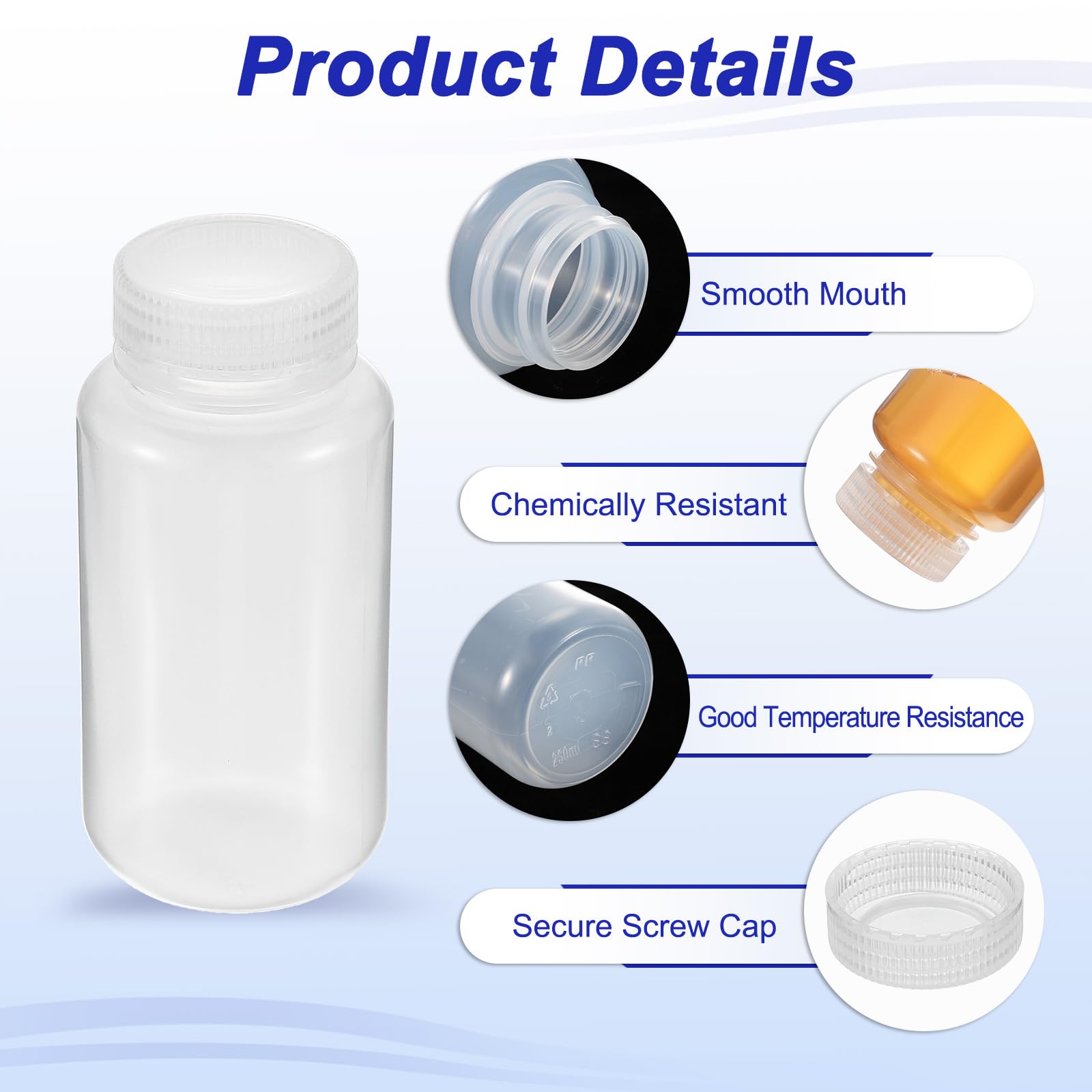 PATIKIL 12 Piezas de Botellas de Reactivo de 250 ml, Botellas Redondas de Boca Ancha de PP con Tapa de Rosca para Almacenamiento de Muestras de Agua de Laboratorio,Sellado, Transparente