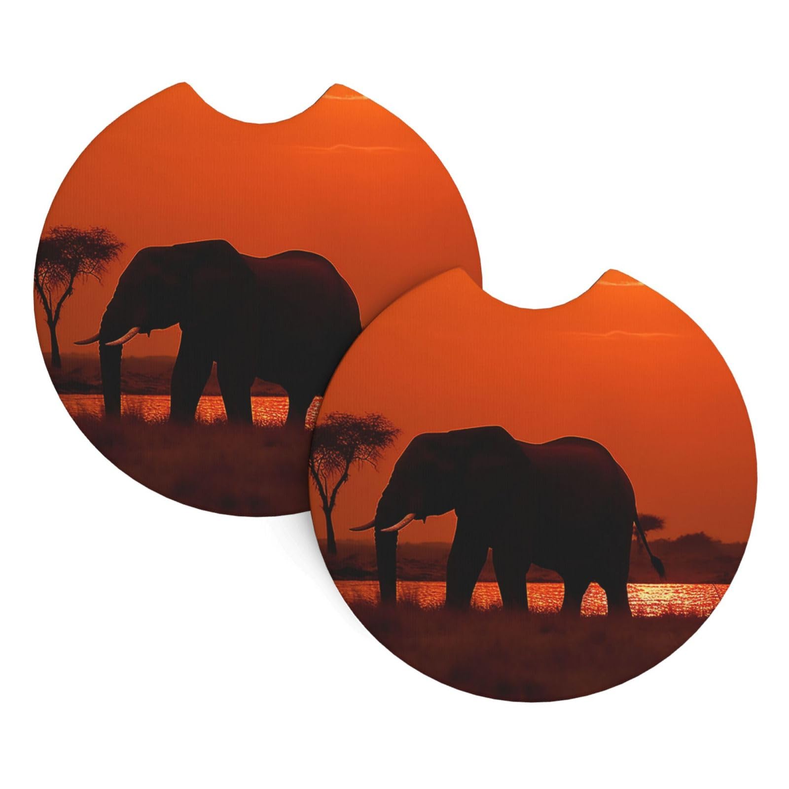 2PCS Car Coaster for Cup Holders Universal Auto Cup Mat Sunset African Elephant Cup Coaster Pad 2.7" Waterproof Neoprene Non-Slip Cup Holder Coasters Car Interior Accessories for Women Men