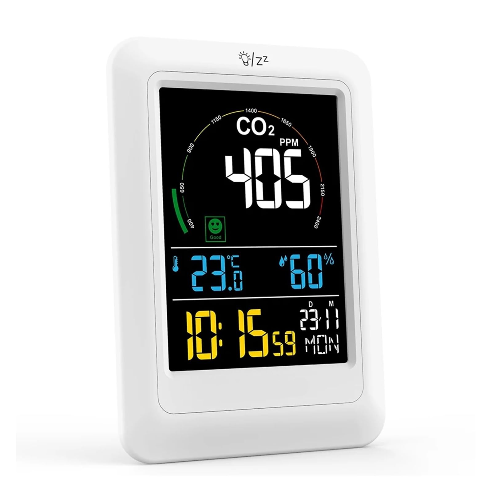 monitor co2, 5 w 1 Monitor jakości powietrza Miernik CO2 dwutlenku węgla czasie rzeczywistym Cyfrowy czujnik temperatury i wilgotności do domu, biura, samochodu(C1 White)