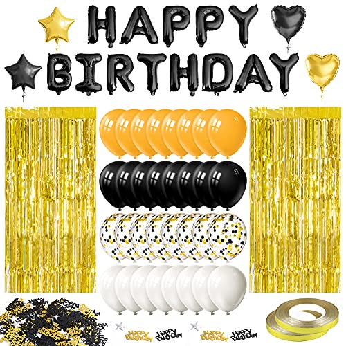 ASTARON Juego de decoracione de cumpleaño con globos de papel de aluminio, globos de látex, confeti, cortinas con flecos metálicos, cintas de globos para decoraciones de fiestas con temas de oro negro Cover