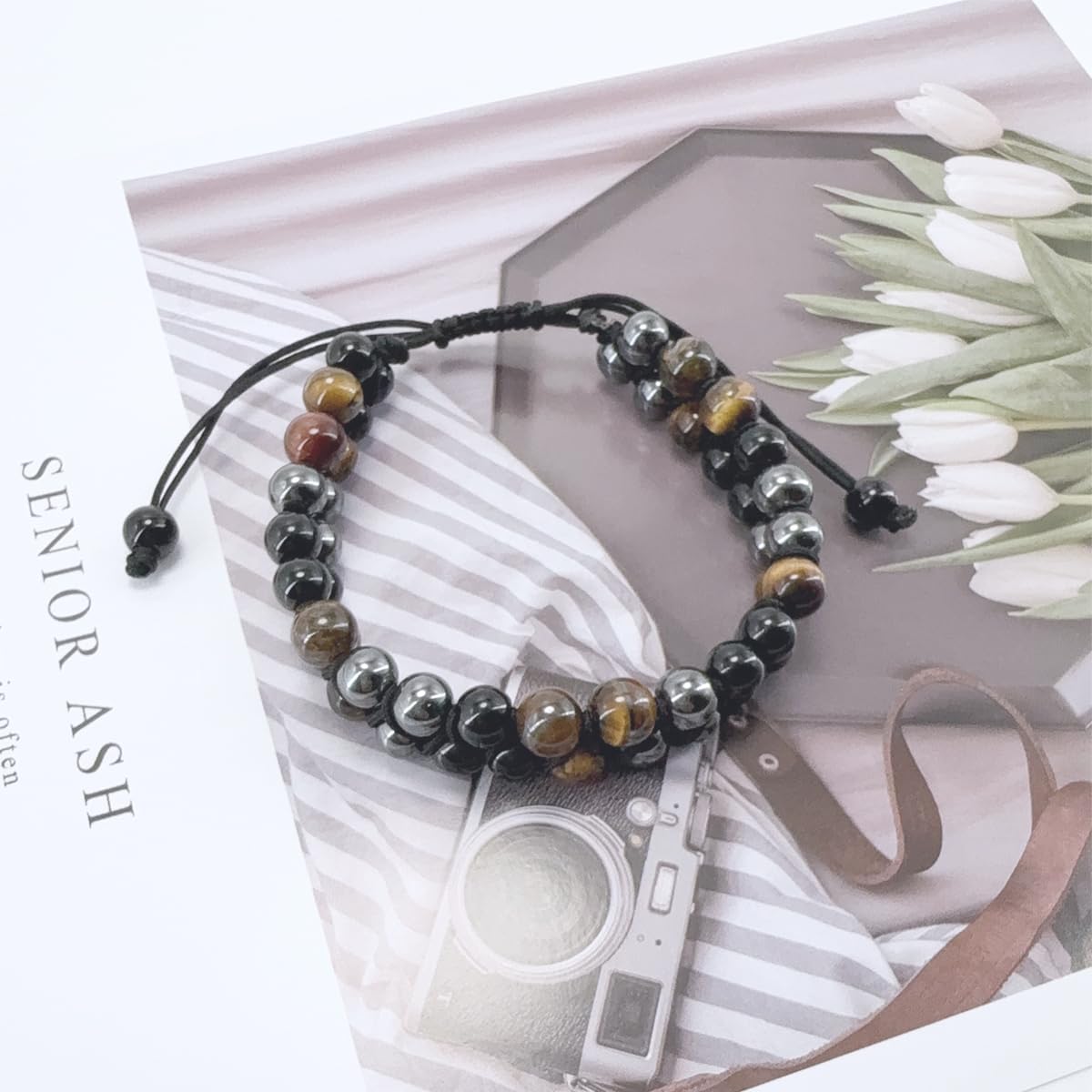 Double Layer Tiger Eye Bracelet, Obsidian and Hematite 8mm Black Beads Bohemian Adjustable String Bracelet for Couples Friends, Birthday Gift Fashion Jewelry