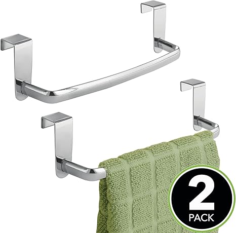 mDesign Juego de 2 barras para colgar paños de cocina – Colgadores de cocina para las puertas de los armarios – Toalleros de baño de metal – plateado