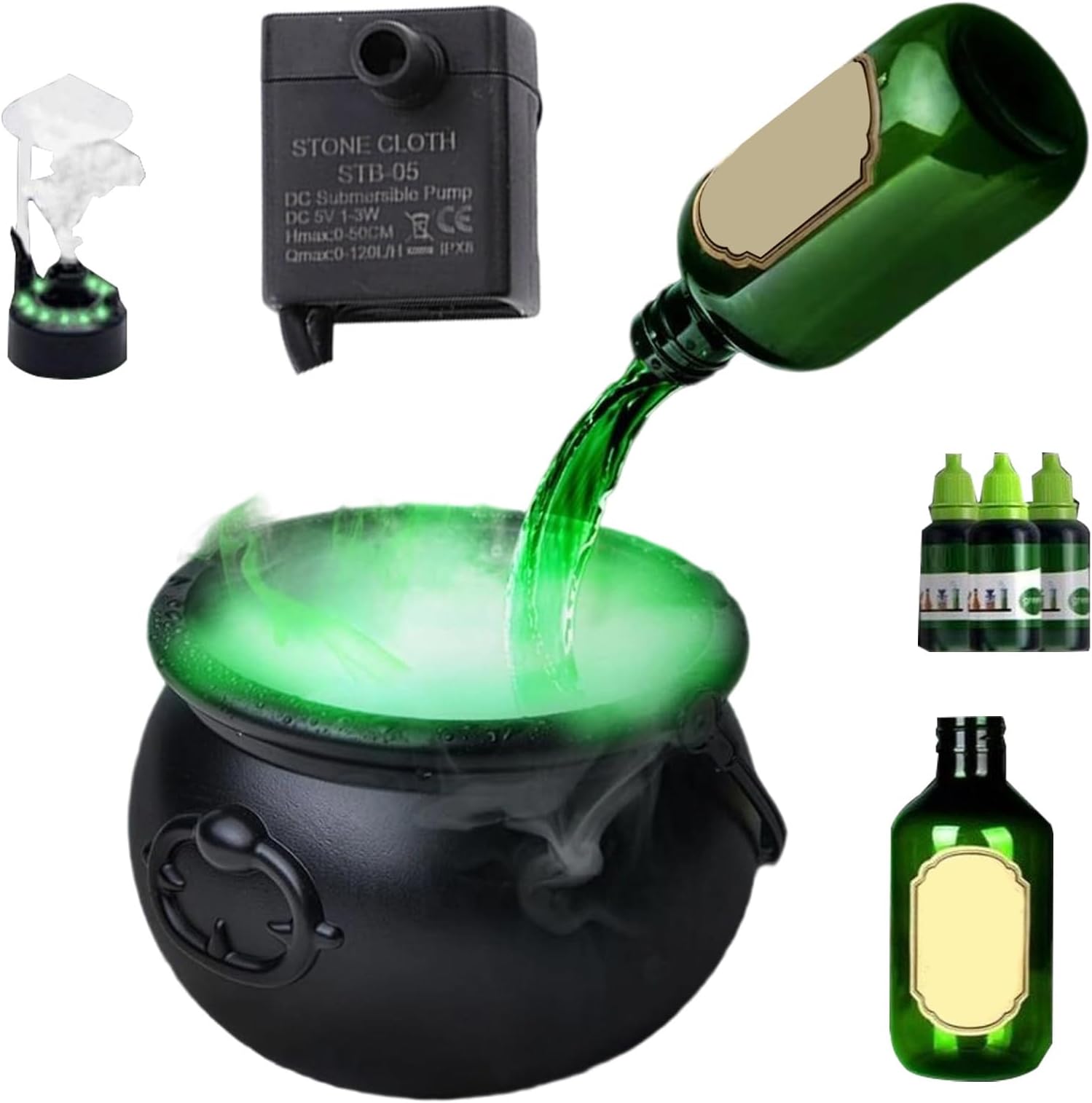 Halloween Witch Cauldron, Kettle Diffuser, Halloween Decoration, Black Witch Cauldron with Floating Bottles, Bubbly Holiday Supplies for Outdoors, Entryway, Yard, Backyard